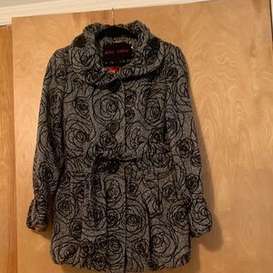 Betsey Johnson Black and Gray Floral Pea Coat